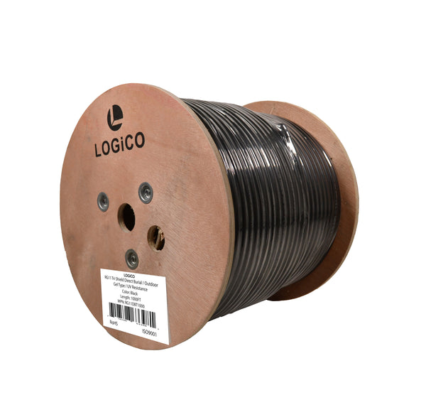 Logico RG11 Coaxial Cable Tri Shield 14AWG Outdoor/Direct Burial Gel  Flooded 1000ft Black Jacket