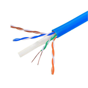 A spool of blue Cat6A UTP 1000ft bulk Ethernet network cable on a wooden reel with part of the cable visible outside the spool.