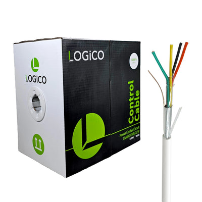 A box of Logico brand white 18/4 shielded CMR/cl3r security alarm bare copper cable with a wooden reel inside, displayed against a white background.