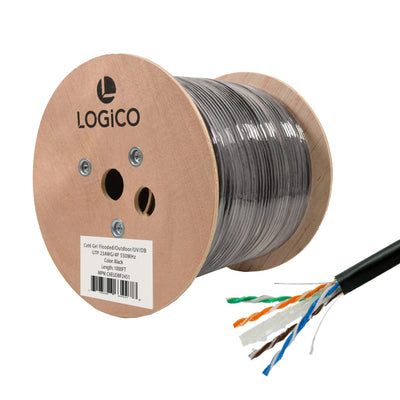 A spool of Logico Cat6 UTP Ethernet cable in black color, with a cutaway view showing the internal wires.