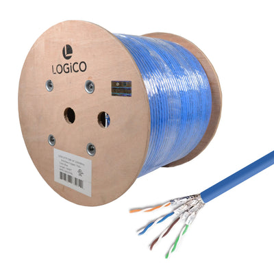A blue Cat8 Ethernet network cable unrolled from a wooden reel, showing multiple wires inside.