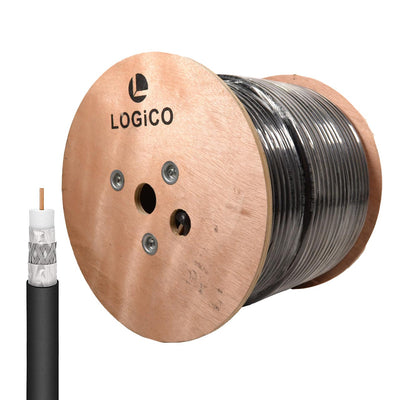 A spool of Logico RG11 coaxial cable with a black jacket, featuring a tri shield design, on a wooden reel.