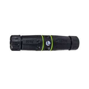 A black Cat6A waterproof shielded coupler with green accents designed for Ethernet cable connections.