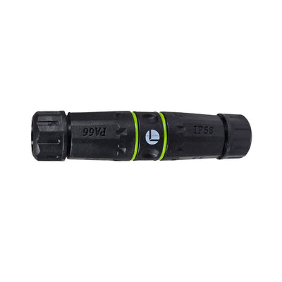 A black Cat6A waterproof shielded coupler with green accents designed for Ethernet cable connections.