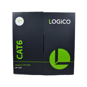 A Logico Cat6 UTP 1000ft Bulk Ethernet Network Cable in white color, displayed next to its packaging box which is predominantly white and black with green accents.