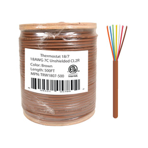 A spool of brown thermostat wire next to a label detailing the product specifications, including being 18/7 solid copper, 18AWG 7C, and 500FT in length.