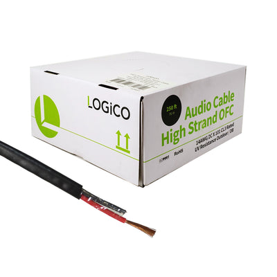 Logico speaker wire audio cable with a box, showing a black cable and the AWG specification, alongside a visual description of the product.