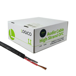 A box of Logico brand speaker wire audio cable with a black jacket next to it, indicating 16/2 AWG gauge and 250ft length.