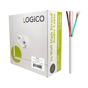 LOGICO in-wall high strand audio cable packaging with cable sample on a white background