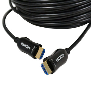 A black fiber optic HDMI cable with gold-plated connectors.
