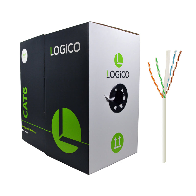 A Logico Cat6 UTP 1000ft Bulk Ethernet Network Cable in white color, displayed next to its packaging box which is predominantly white and black with green accents.