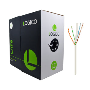 A Logico Cat6 UTP 1000ft Bulk Ethernet Network Cable in white color, displayed next to its packaging box which is predominantly white and black with green accents.