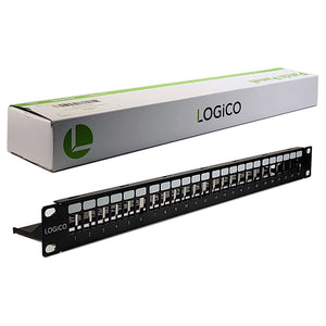 Logico brand Cat5e Cat6 UTP 24 Port Network LAN Blank Patch Panel in black color, alongside its packaging box.