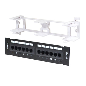 A black 12 port UTP CAT6 wall-mounted mini patch panel with a white surface wall mount bracket, labeled with numbers 1 to 12 for organizing cables.
