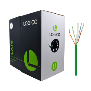 A box of Logico Cat6 UTP Bulk Ethernet Network Cable with a green jacket, alongside a small image showing the cable's twisted pair structure.