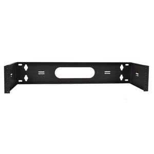 A black 19-inch two space 2U steel wall mount hinged swing out patch panel bracket.