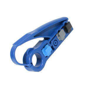 A blue Logico coaxial UTP cable jacket stripping tool with additional blade cartridges in gray and blue.