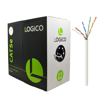 A box of Logico Cat5e UTP bulk Ethernet network cable in white color, with the cable's end showing the colored wires.