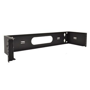 A black 19-inch two space 2U steel wall mount hinged swing out patch panel bracket.