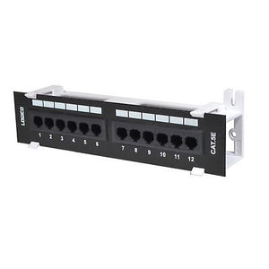 A black 12 port Cat5e UTP network mini patch panel with a white surface wall mount bracket.