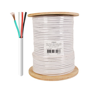 A spool of white in-wall speaker wire with a label indicating it is 16 gauge with 4 conductors, and it is CL3 rated for in-wall use. The wire is coiled on a wooden reel.