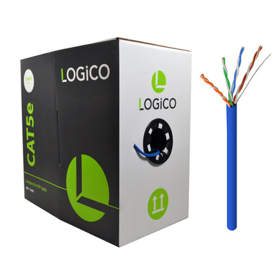 A box of Logico Cat5e UTP bulk Ethernet network cable in blue color, alongside a small bundle of the cable showing the blue insulation.