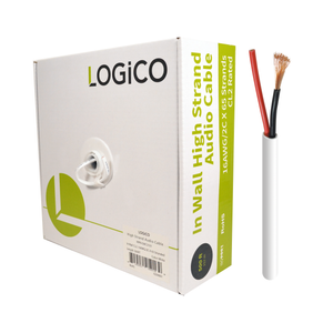 A box of Logico in-wall high strand audio speaker wire with a white and green color scheme. The wire is shown with red and black ends, indicating the two conductors.