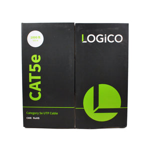A green Logico Cat5e UTP 1000ft Ethernet network cable coiled next to its packaging box.