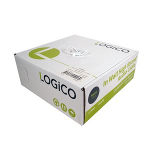 A box of Logico in-wall high strand audio speaker wire with a white and green color scheme. 