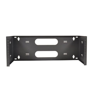 A black 19-inch 4U steel wall mount hinged swing out patch panel bracket.