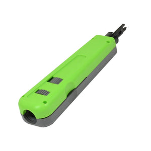 A green impact punch down tool with black accents, including a tone generator and red & black test leads, disassembled next to its components.