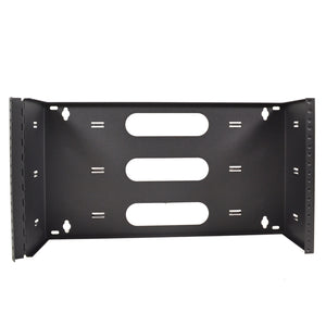 A black 19 inch six space steel wall mount hinged swing out patch panel bracket.