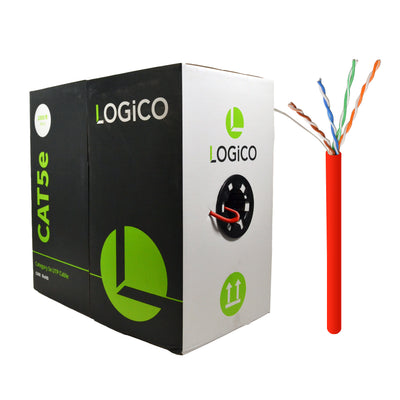 A box of Logico Cat5e UTP 1000ft Bulk Ethernet Network Cable with red color shown alongside the box with green Logico branding.