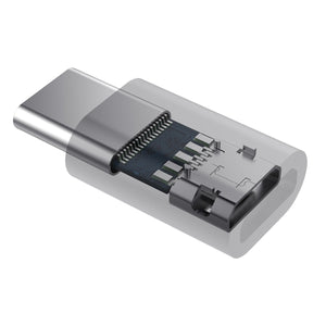 A silver Type-C adapter micro USB female to USB-C male connector.
