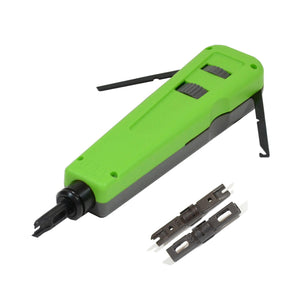 A green impact punch down tool with black accents, including a tone generator and red & black test leads, disassembled next to its components.