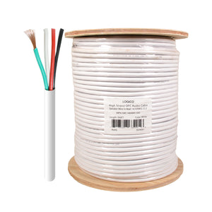 A spool of white Logico 500ft speaker wire with exposed copper ends, wrapped in a wooden reel.