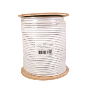 A spool of white Logico 500ft speaker wire 