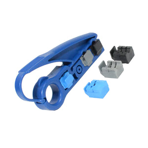 A blue Logico coaxial UTP cable jacket stripping tool with additional blade cartridges in gray and blue.