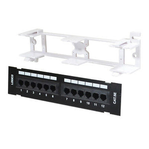 A black 12 port Cat5e UTP network mini patch panel with a white surface wall mount bracket.