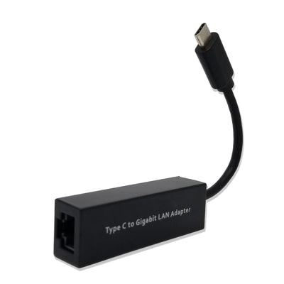 A black USB Type C 3.1 to RJ45 Gigabit Ethernet LAN Network Adapter with a USB-C connector on one end and an Ethernet port on the other.