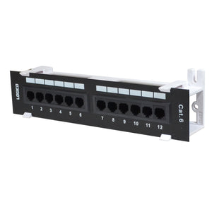 A black 12 port UTP CAT6 wall-mounted mini patch panel with a white surface wall mount bracket, labeled with numbers 1 to 12 for organizing cables.