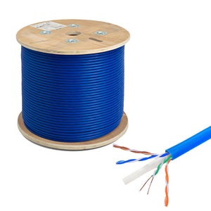 A spool of blue Cat6A UTP 1000ft bulk Ethernet network cable on a wooden reel with part of the cable visible outside the spool.