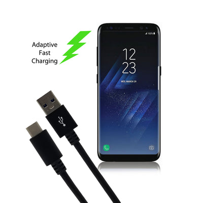 A black USB Type C cable with one USB C and one USB A connector, coiled and laid out on a plain background. netx to cell phone