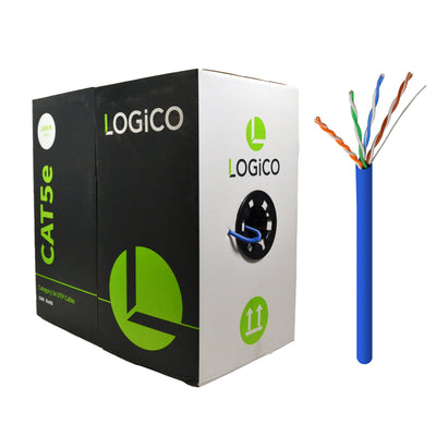 A box of Logico Cat5e UTP bulk Ethernet network cable in blue color, alongside a segment of the cable showing the wires inside the blue jacket.