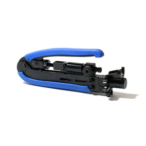 A Logico adjustable compression tool for F/BNC/RCA connectors to coaxial cable, with a blue handle and black body, including inserts for connectors.