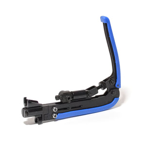 A Logico adjustable compression tool for F/BNC/RCA connectors to coaxial cable, with a blue handle and black body, including inserts for connectors.