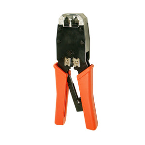 A Logico cable crimper tool with orange handles and a metallic crimping mechanism, designed for RJ45/RJ11 modular plugs and Cat5e/Cat6 network cables.