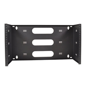 A black 19 inch six space steel wall mount hinged swing out patch panel bracket.