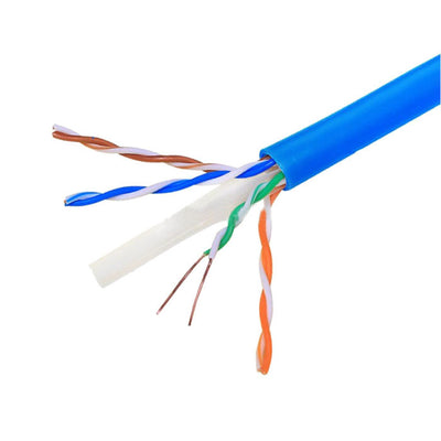 A spool of blue Cat6A UTP 1000ft bulk Ethernet network cable on a wooden reel with part of the cable visible outside the spool.