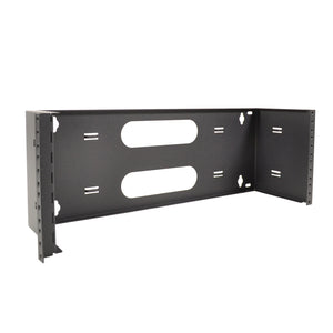 A black 19-inch 4U steel wall mount hinged swing out patch panel bracket.